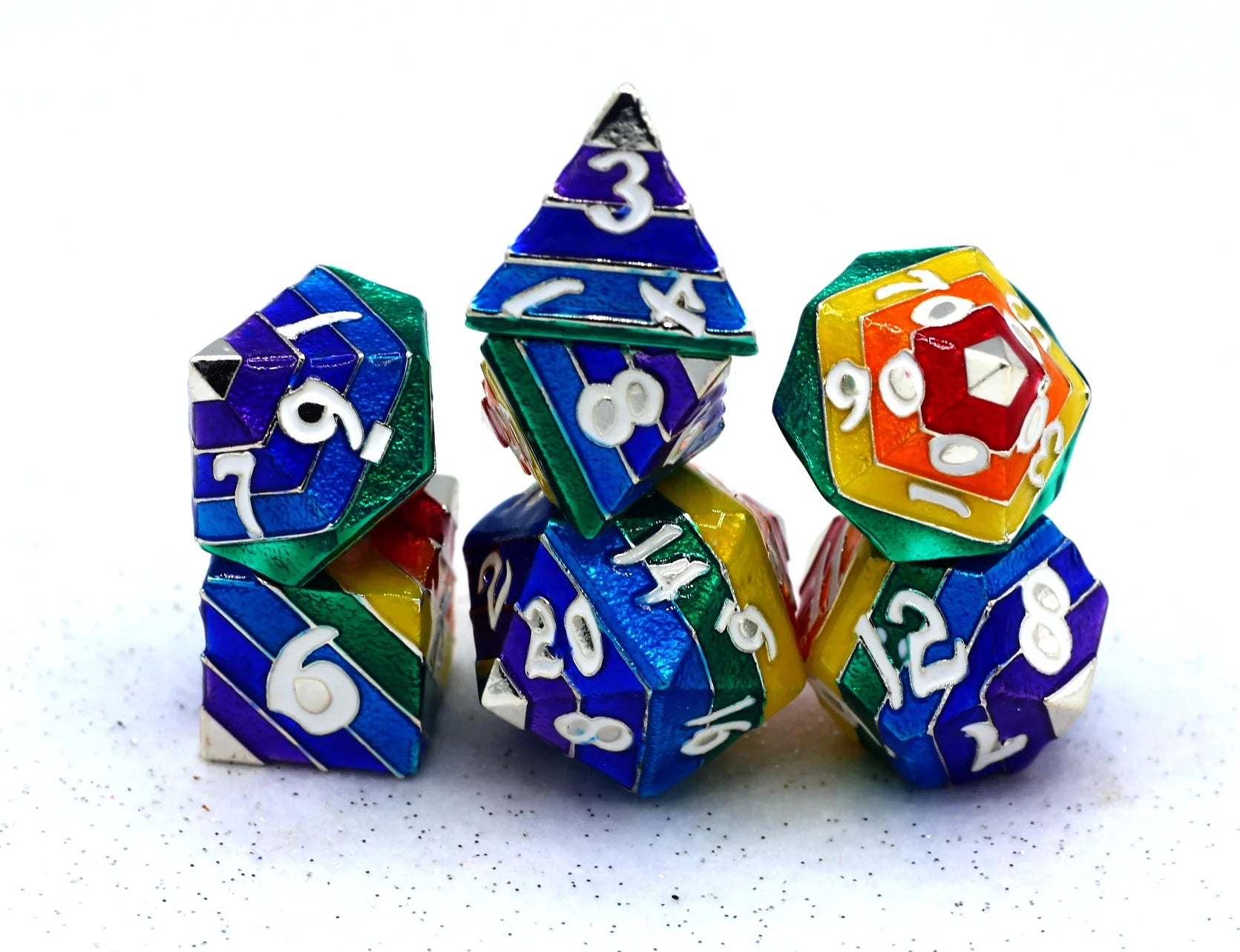 Rainbow Pride solid metal dice set - Silver with White Lettering Dice Hymgho Dice | Red Claw Gaming