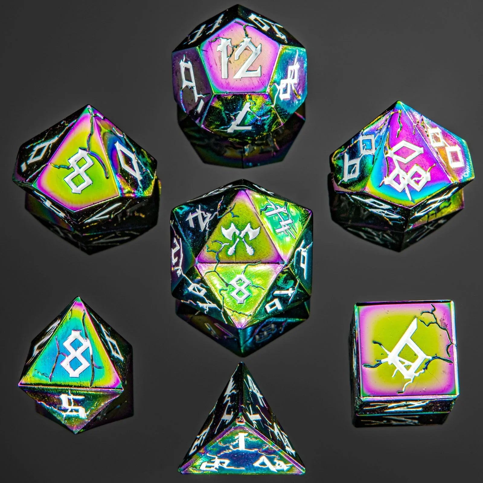 Barbarian Solid Metal Polyhedral Dice Set - Rainbow with White Dice Hymgho Dice | Red Claw Gaming