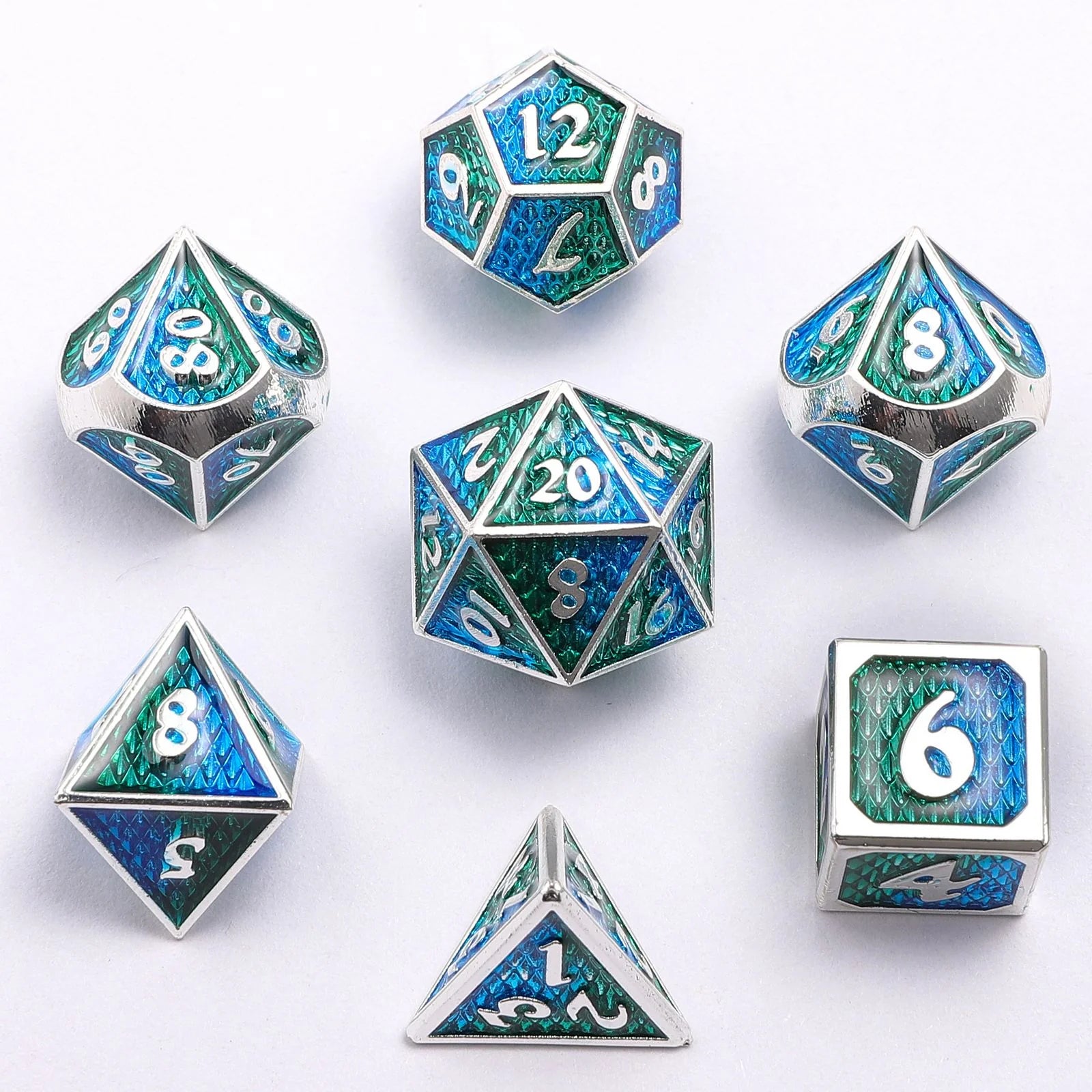 Mini Behemoth Metal RPG Dice Set-Silver w/Blue&Green | Red Claw Gaming