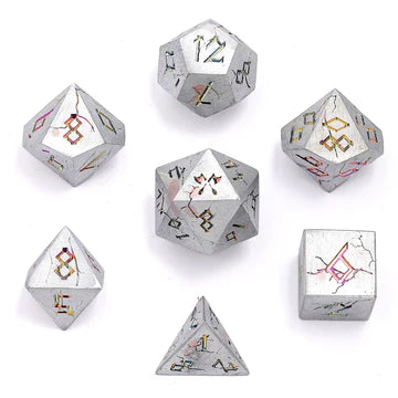 Barbarian Solid Metal Polyhedral Dice Set - Matte Silver and Rainbow Dice Hymgho Dice | Red Claw Gaming