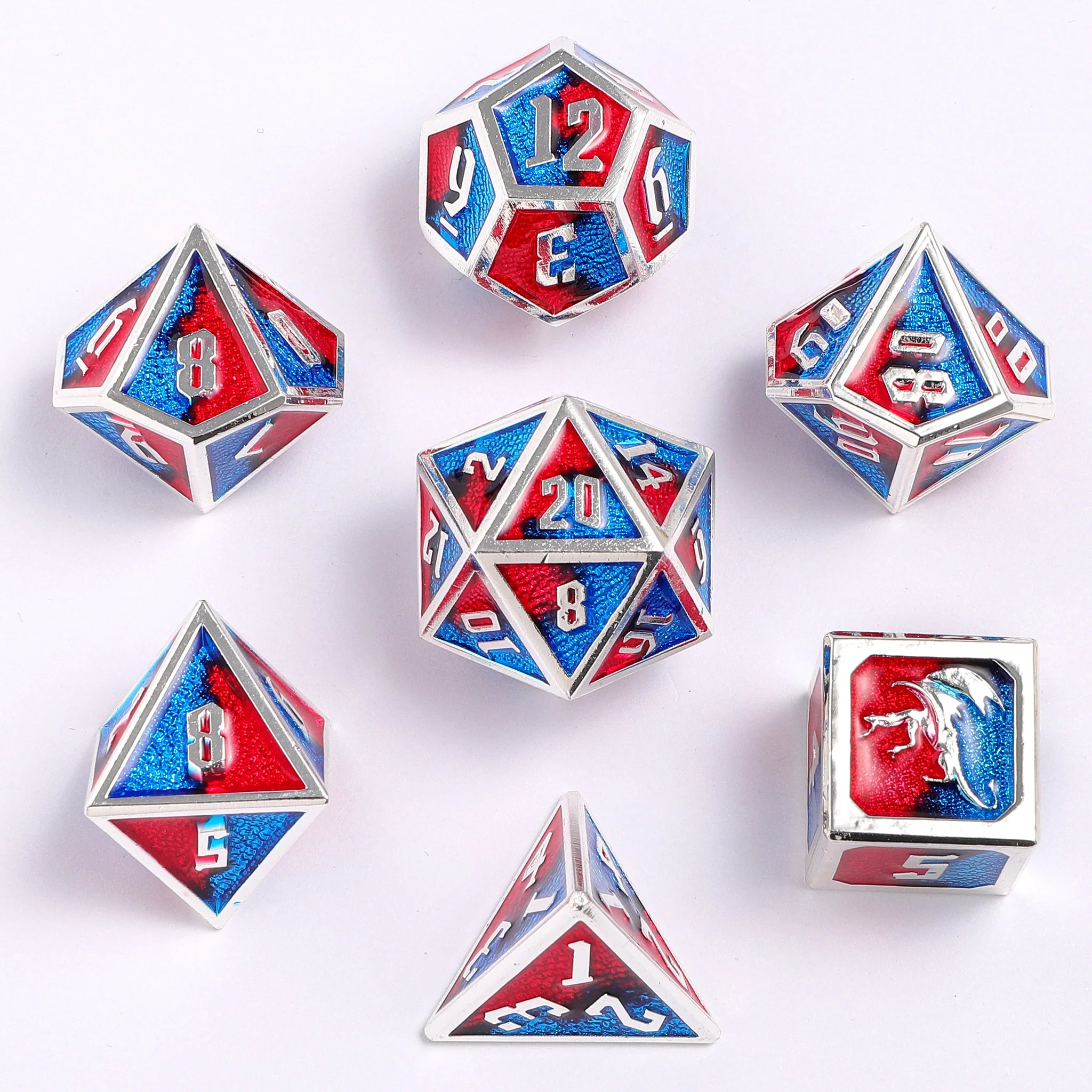 Draconis Solid Metal Polyhedral Dice set - Silver with Red and Blue Dice Hymgho Dice | Red Claw Gaming