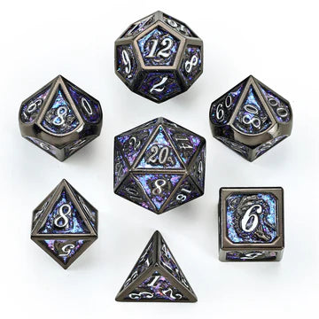 Solid Metal Dragon Dice Set - Gunmetal With Purple Dice Hymgho Dice | Red Claw Gaming