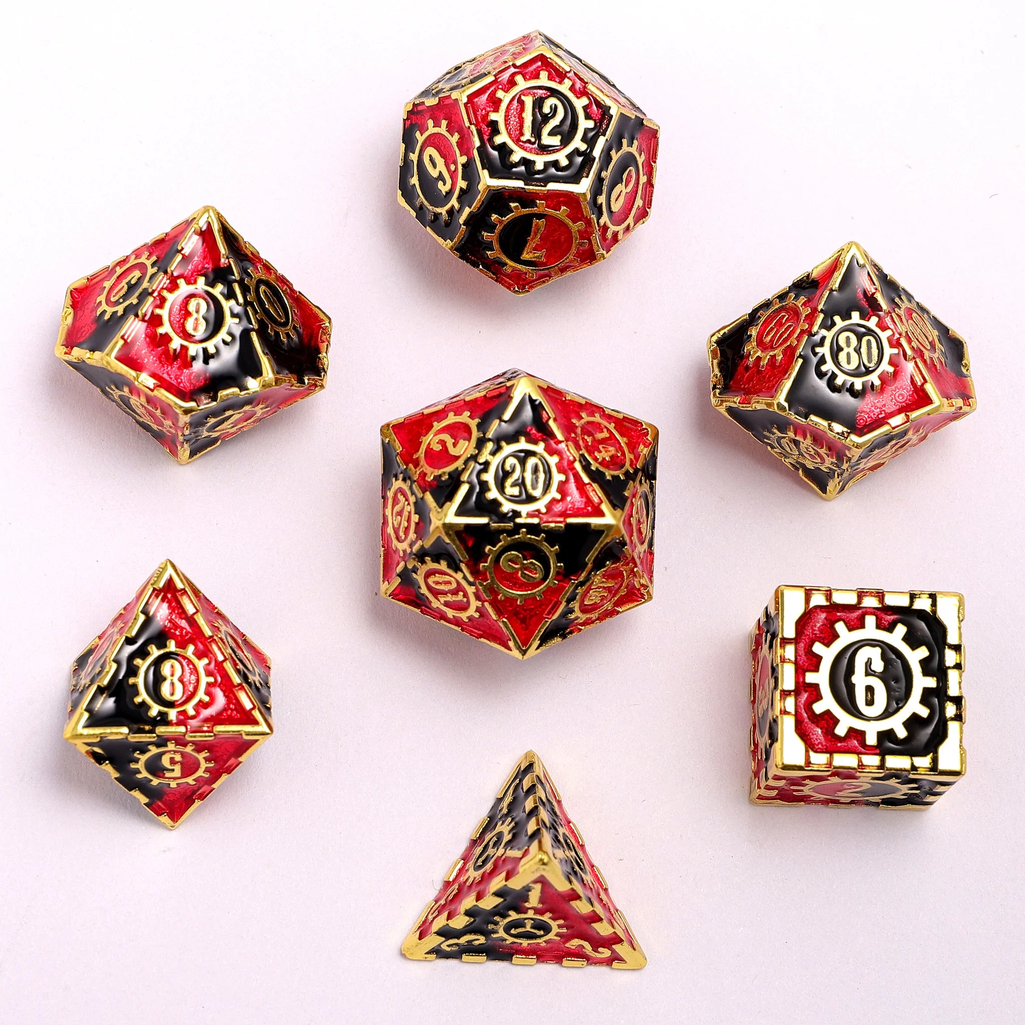 Solid Metal Gear Dice Polyhedral Dice Set - Gold with Red and Black Dice Hymgho Dice | Red Claw Gaming