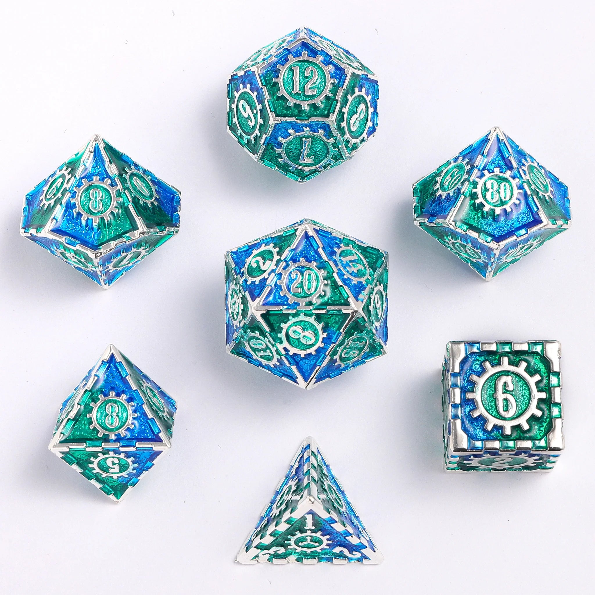 Solid Metal Gear Dice Polyhedral Dice Set - Silver with Blue and Green Dice Hymgho Dice | Red Claw Gaming
