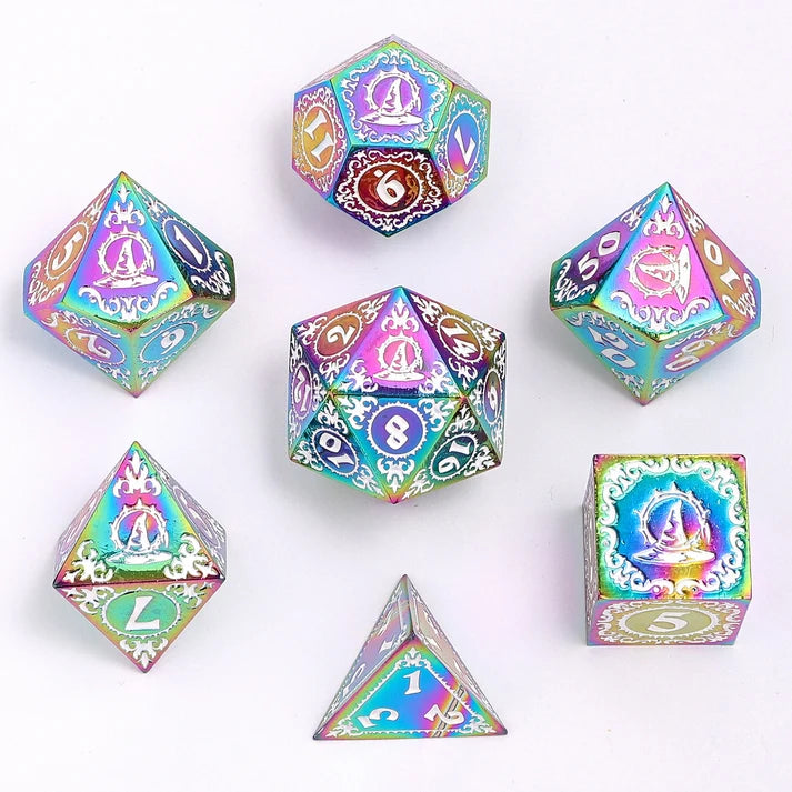 Wizard Solid Metal Polyhedral Dice Set -Rainbow w/White Dice Hymgho Dice | Red Claw Gaming