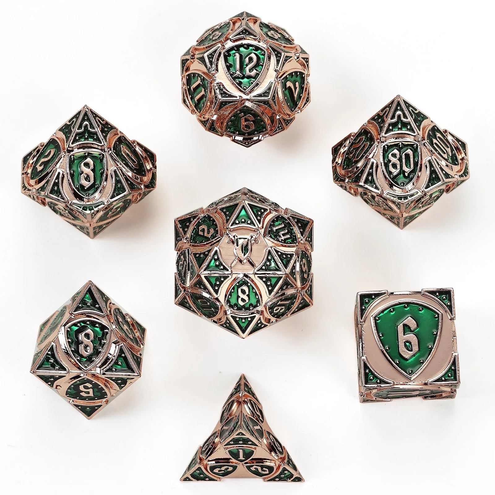 Solid Metal Fighter RPG Dice Set - Copper with Green Dice Hymgho Dice | Red Claw Gaming