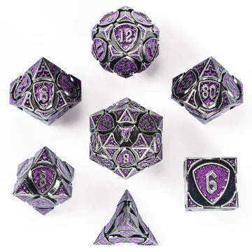 Solid Metal Fighter RPG Dice Set - Ancient Silver with Purple Glitter Dice Hymgho Dice | Red Claw Gaming
