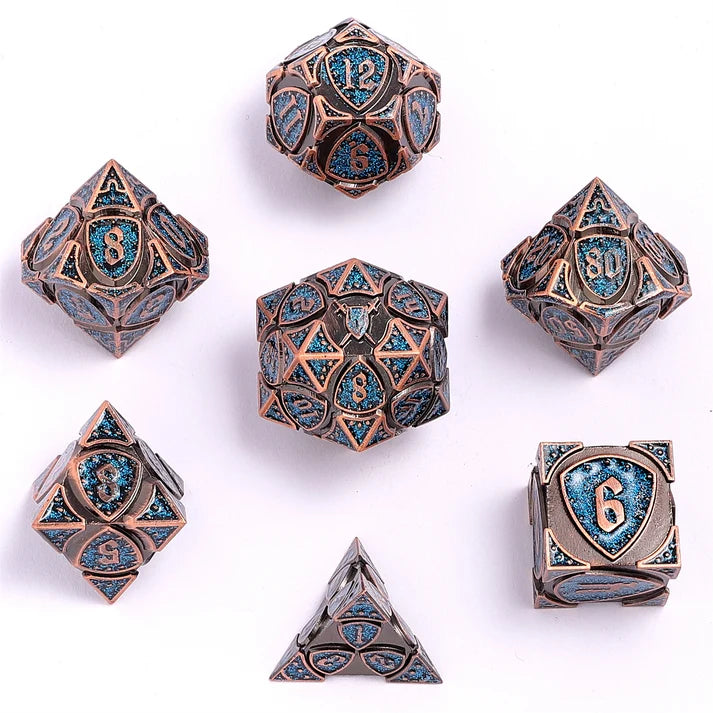 Fighter Solid Metal Polyhedral Dice Set-Ancient Copper w/Glitter Blue Dice Hymgho Dice | Red Claw Gaming