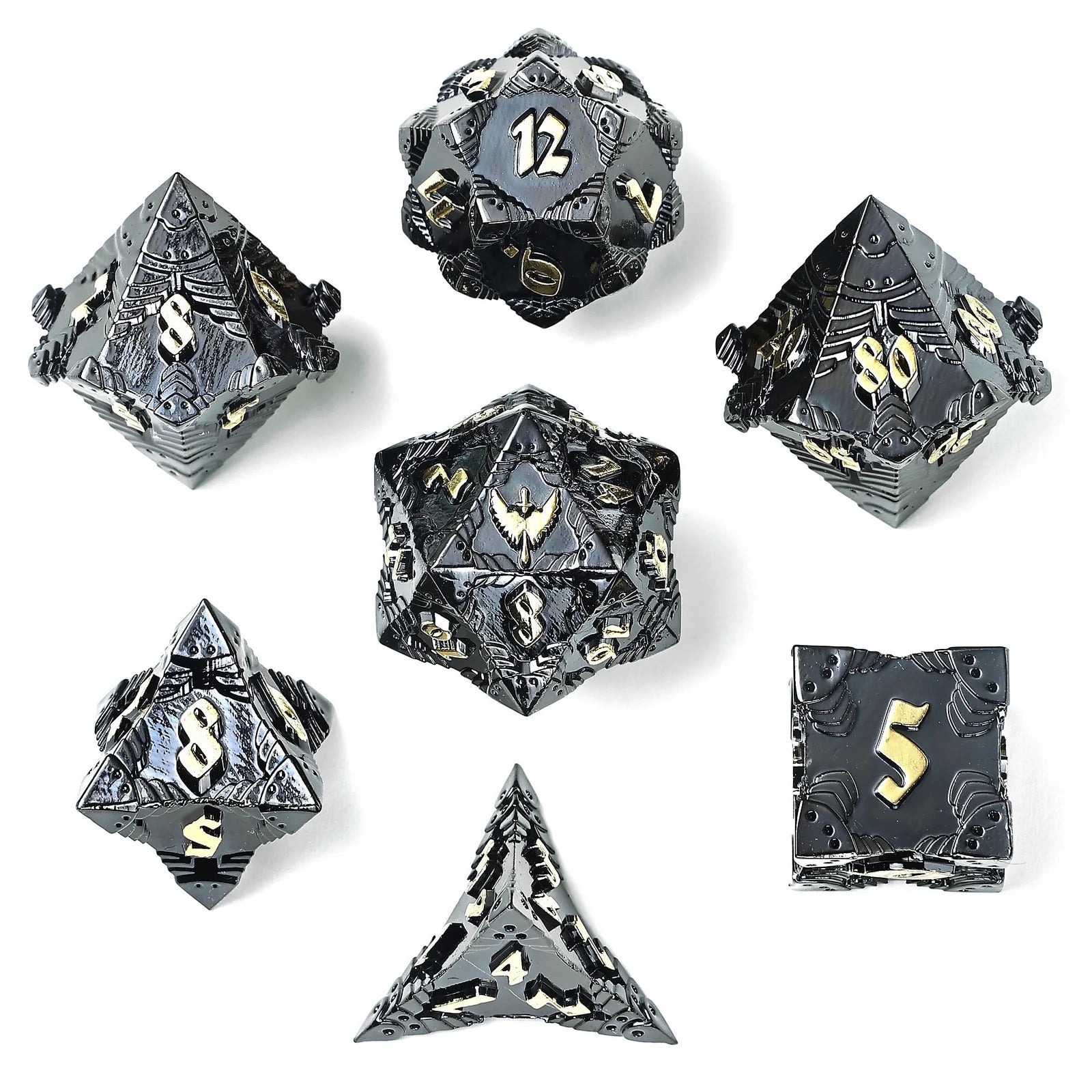 Solid Metal Paladin Class RPG Dice Set - Gunmetal with Gold Dice Hymgho Dice | Red Claw Gaming