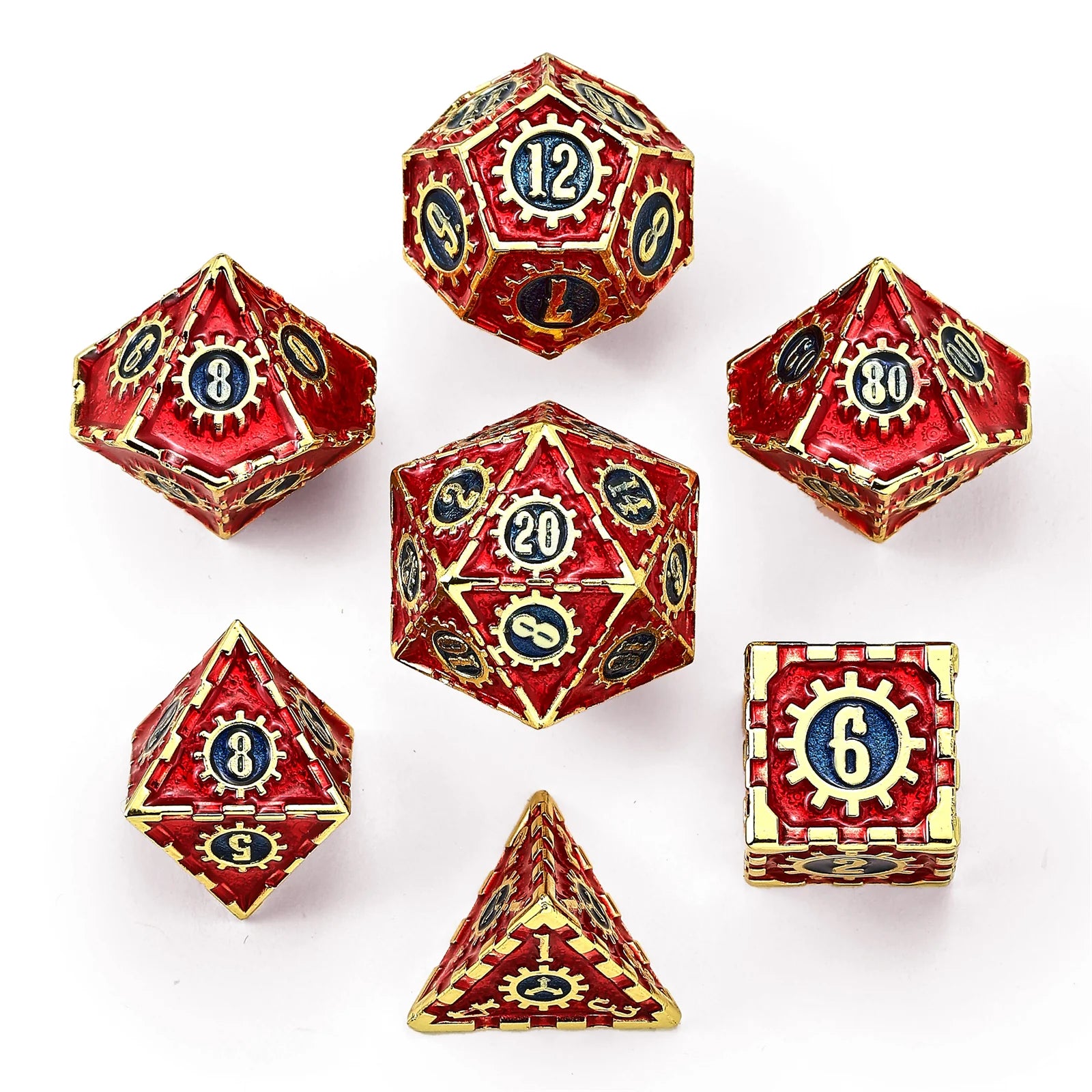 Solid Metal Cogcraft Polyhedral Dice Set - Casino (Gold w/Red & Blue) Dice Hymgho Dice | Red Claw Gaming