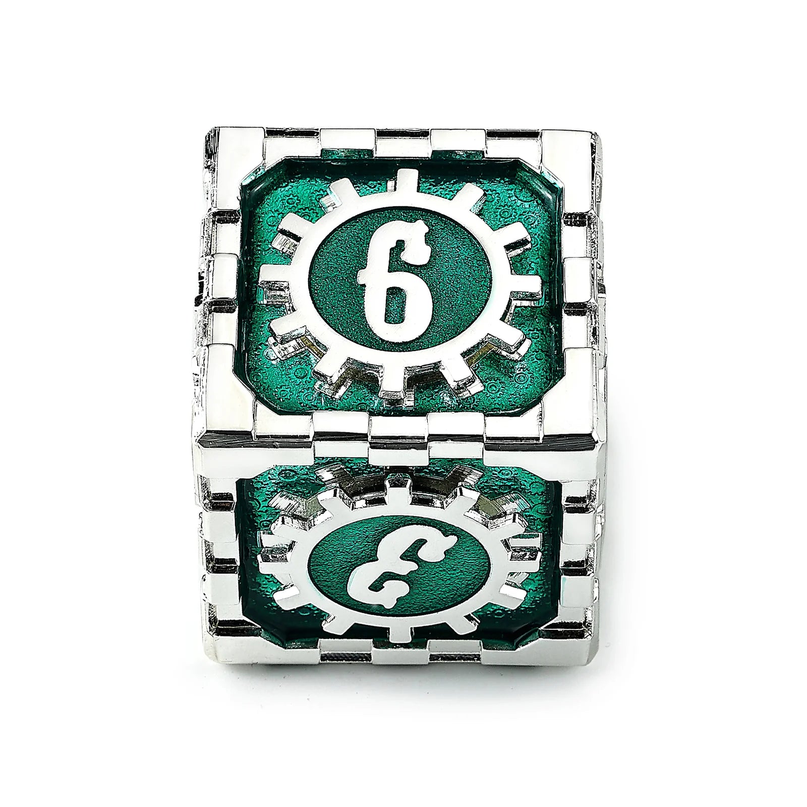 Mythic Size Cogcraf Fidget D6 - Time Machine - Green & Silver Dice Hymgho Dice | Red Claw Gaming