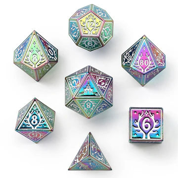 Solid Metal Druid RPG Dice Set - Rainbow w/White Dice Hymgho Dice | Red Claw Gaming