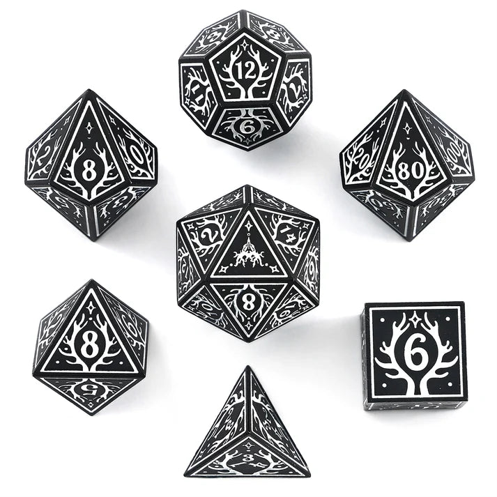 Druid Solid Metal RPG Dice Set - Black w/White Dice Hymgho Dice | Red Claw Gaming