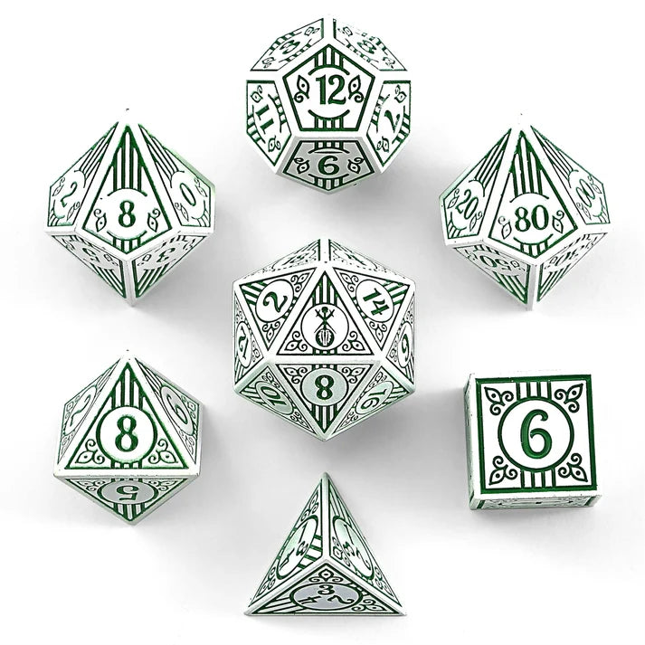 Bard Solid Metal RPG Dice Set - White w/Green Dice Hymgho Dice | Red Claw Gaming