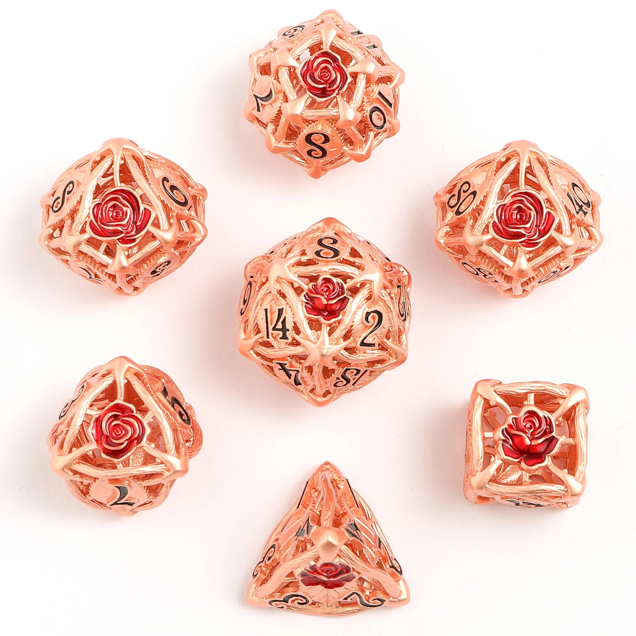 Hollow Metal Rose Dice Set - Rose gold With Red Dice Hymgho Dice | Red Claw Gaming