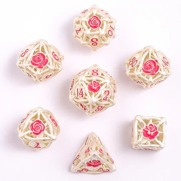 Hollow Metal Rose Dice Set - Matt Silver with Pink Dice Hymgho Dice | Red Claw Gaming