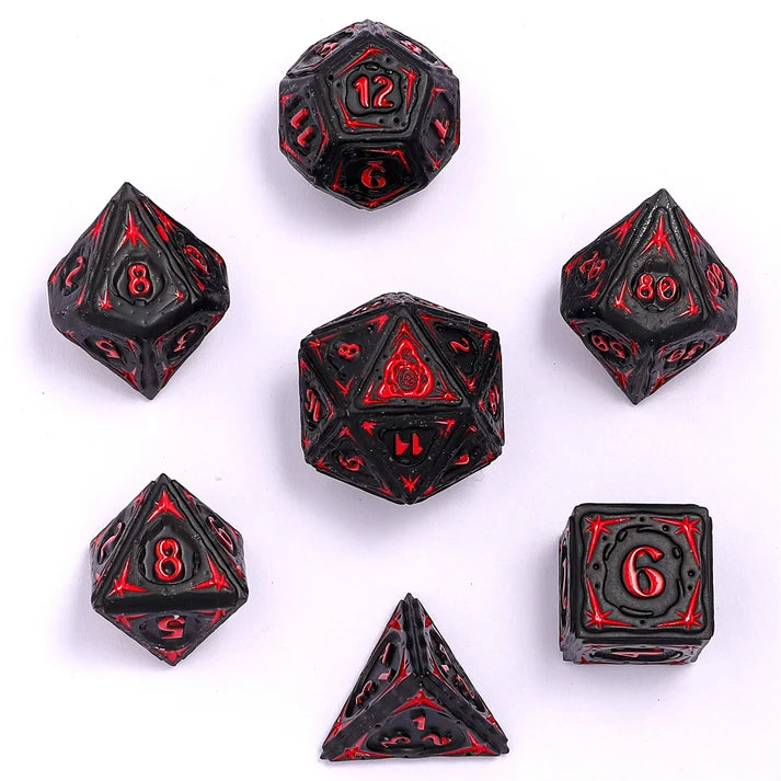 Sorcerer Solid Metal RPG Dice Set - Matt Black w/Red Dice Hymgho Dice | Red Claw Gaming