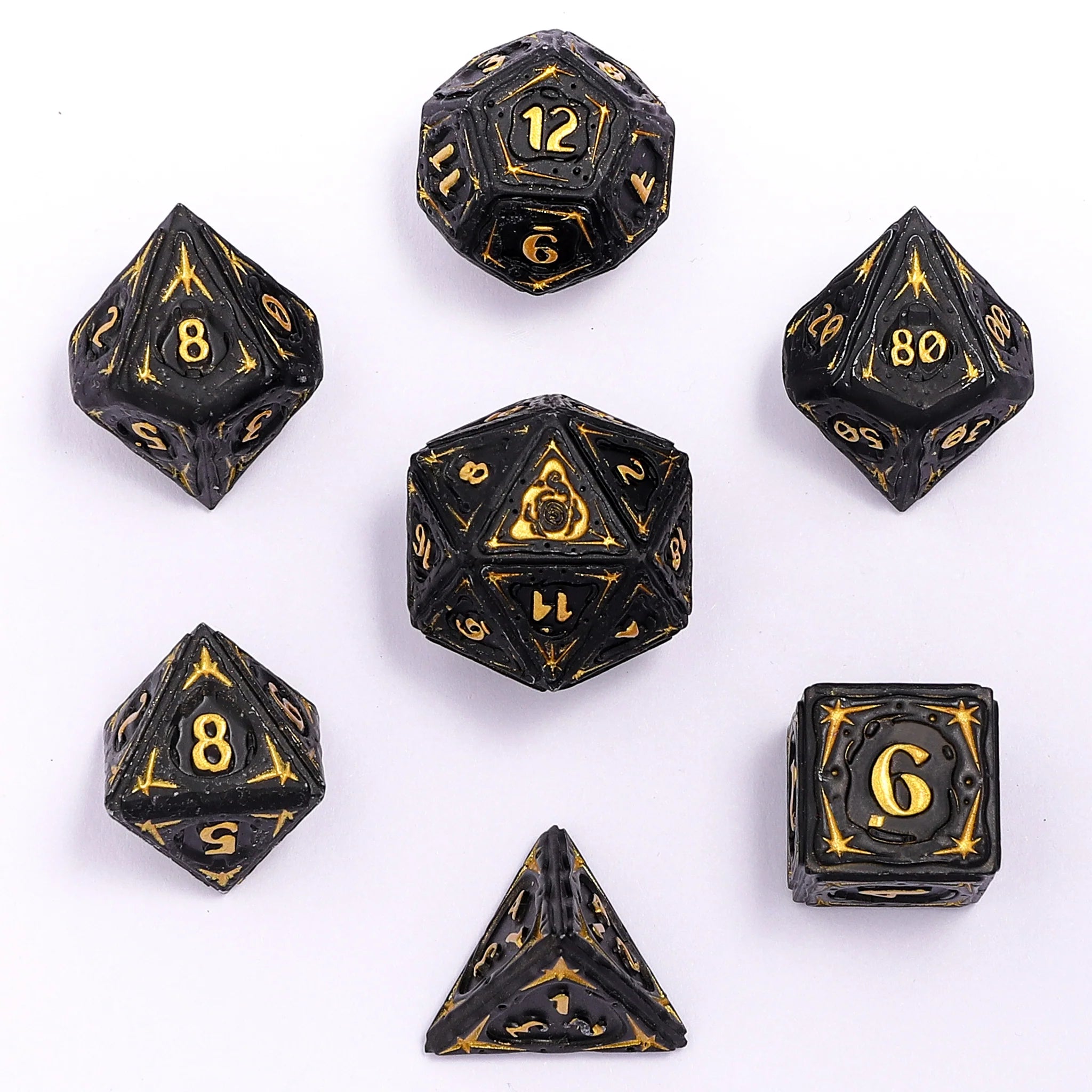 Sorcerer Solid Metal RPG Dice Set - Matt Black w/Gold Dice Hymgho Dice | Red Claw Gaming