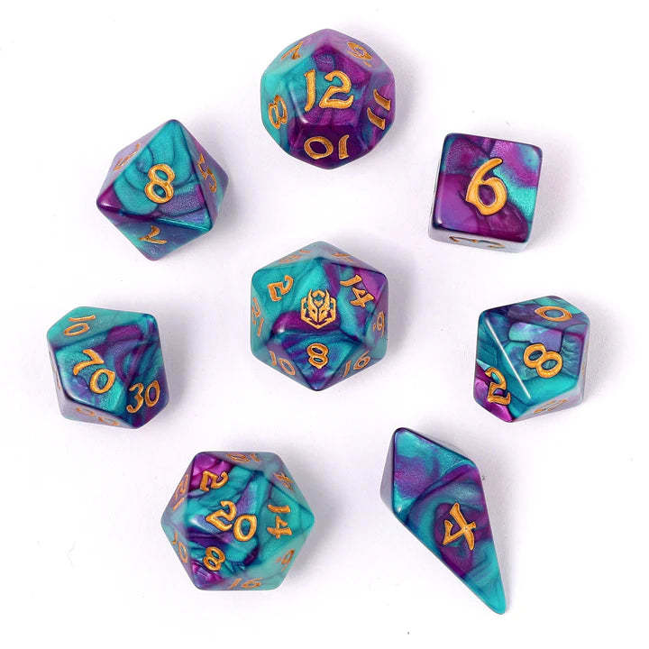 Wyrmforged Rollers - Rounded Edge 8 Piece Polyhedral Dice set - Frostbloom Dice Hymgho Dice | Red Claw Gaming
