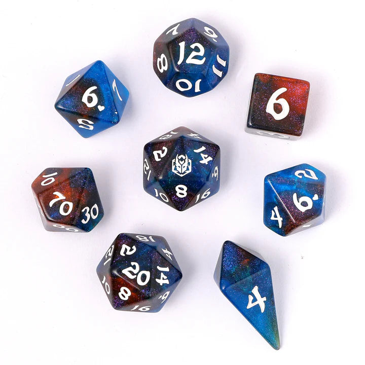 Wyrmforged Rollers - Rounded Edge 8 Piece Polyhedral Dice set - Mystic Nebula Dice Hymgho Dice | Red Claw Gaming
