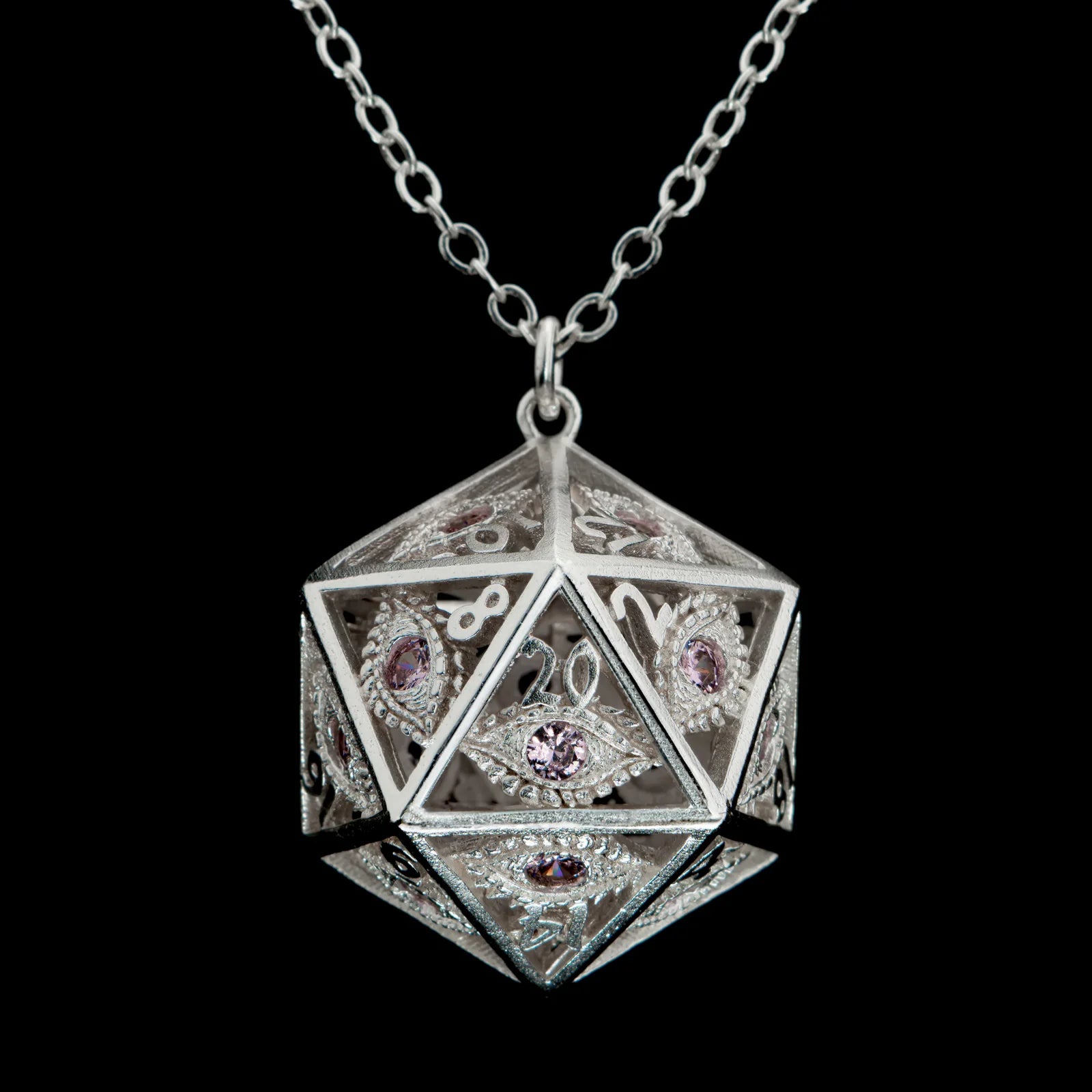 Dragon's Eye D20 Necklace - Silver with Pink Gems | Red Claw Gaming