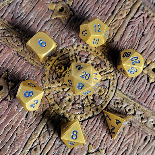 Kings Gold Blue Set of 7 Metal Dice D&D Accessory Forged Gaming    | Red Claw Gaming