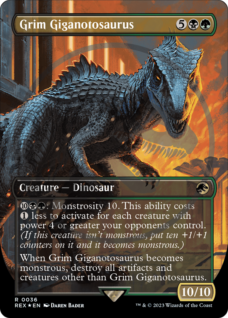 Grim Giganotosaurus (Emblem) (Borderless) [Jurassic World Collection Tokens] MTG Single Magic: The Gathering | Red Claw Gaming