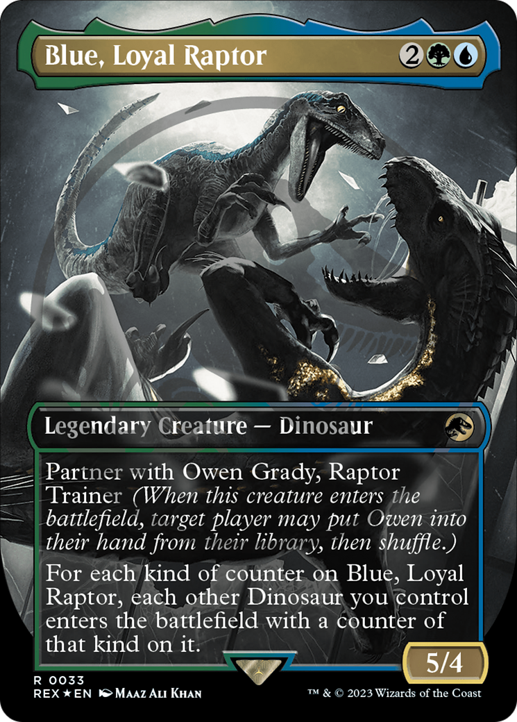 Blue, Loyal Raptor (Emblem) (Borderless) [Jurassic World Collection Tokens] MTG Single Magic: The Gathering | Red Claw Gaming