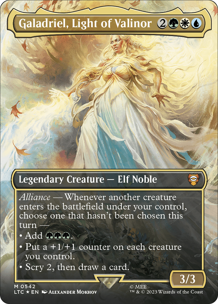 Galadriel, Light of Valinor (Borderless) (Surge Foil) [The Lord of the Rings: Tales of Middle-Earth Commander] MTG Single Magic: The Gathering | Red Claw Gaming