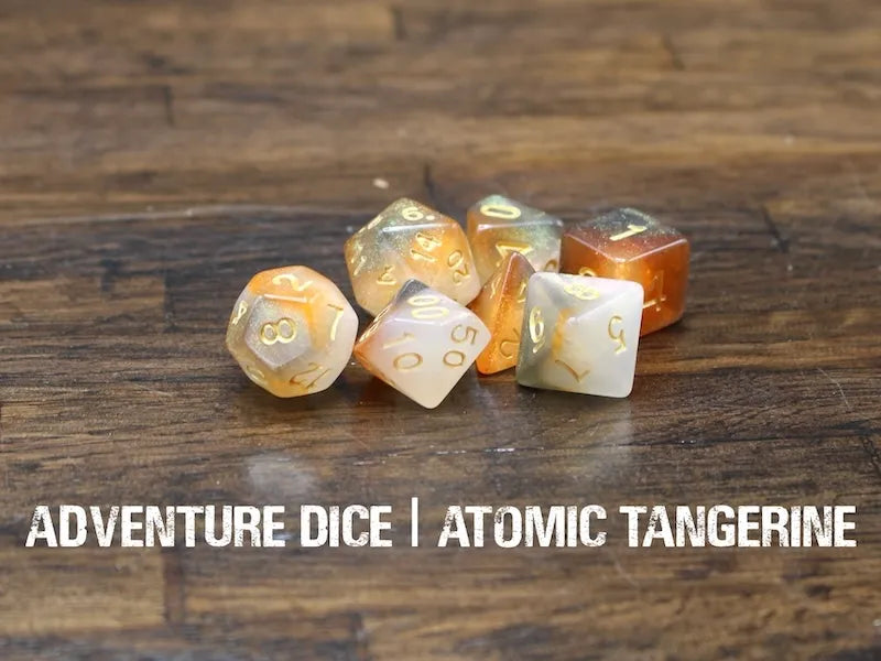 Adventure Dice Atomic Tangerine dice set Dice & Counters Adventure Dice | Red Claw Gaming