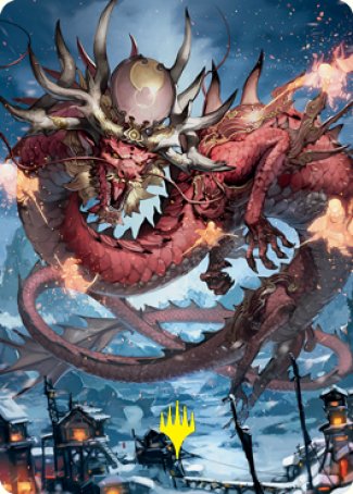 Atsushi, the Blazing Sky 2 Art Card (Gold-Stamped Signature) [Kamigawa: Neon Dynasty Art Series] MTG Single Magic: The Gathering | Red Claw Gaming
