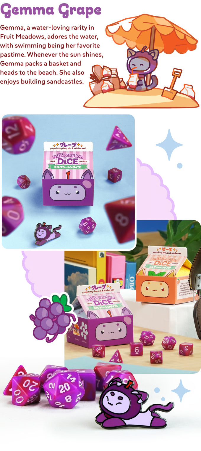 Fruit Meadows Milk Cartons: Kawaii Cat Dice Set - Grape Dice 1985 Games | Red Claw Gaming