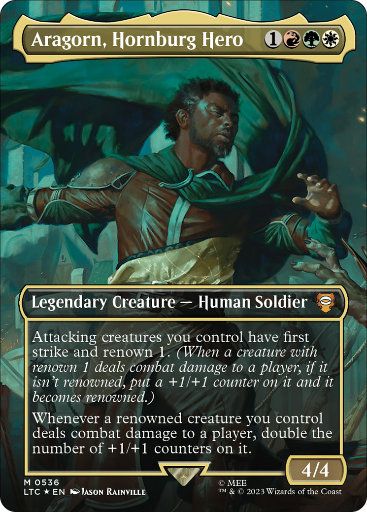Aragorn, Hornburg Hero (Borderless) (Surge Foil) [The Lord of the Rings: Tales of Middle-Earth Commander] MTG Single Magic: The Gathering | Red Claw Gaming