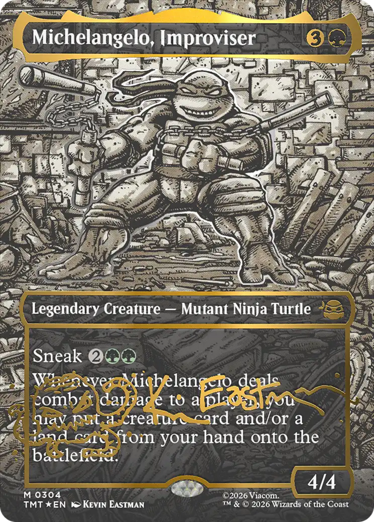 Michelangelo, Improviser (Borderless) (Gold-Stamped Signature) [Teenage Mutant Ninja Turtles] MTG Single Magic: The Gathering | Red Claw Gaming