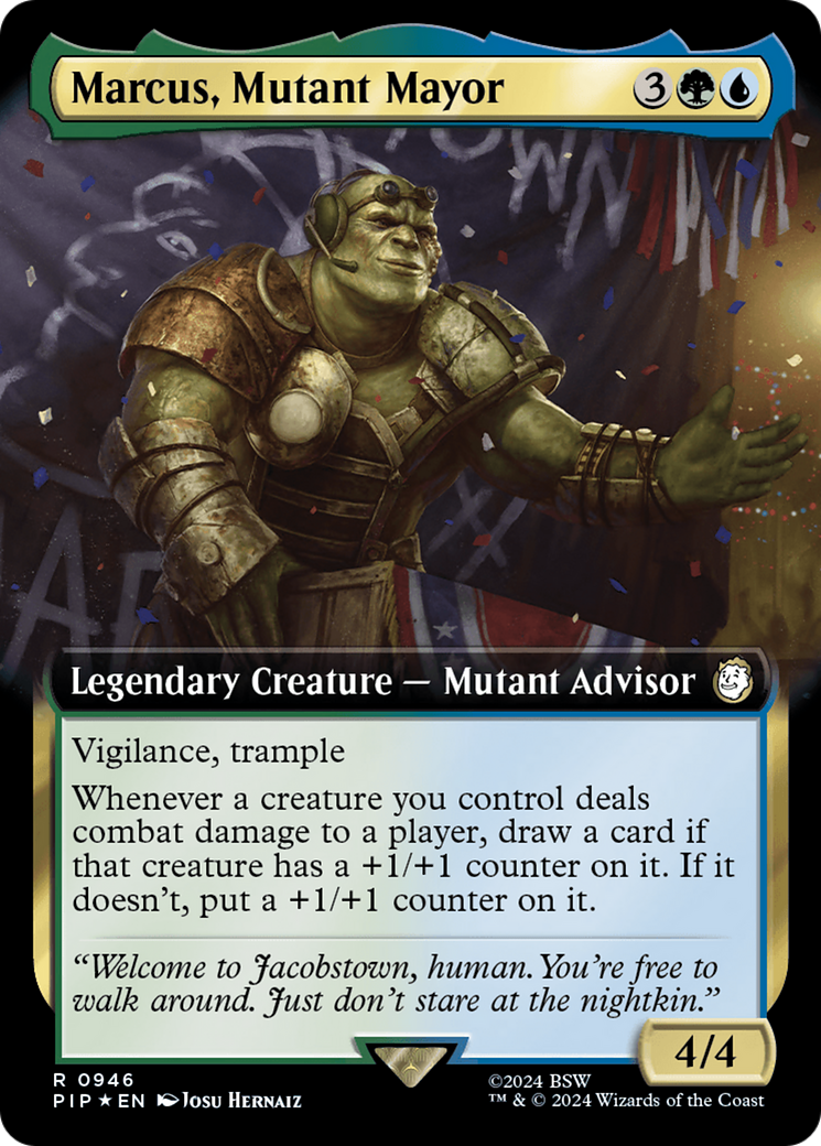 Marcus, Mutant Mayor (Extended Art) (Surge Foil) [Fallout] MTG Single Magic: The Gathering | Red Claw Gaming