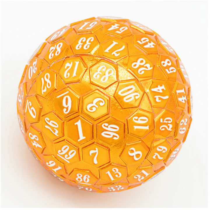 45MM METAL D100 - ORANGE WITH WHITE FONT Dice & Counters Foam Brain Games    | Red Claw Gaming
