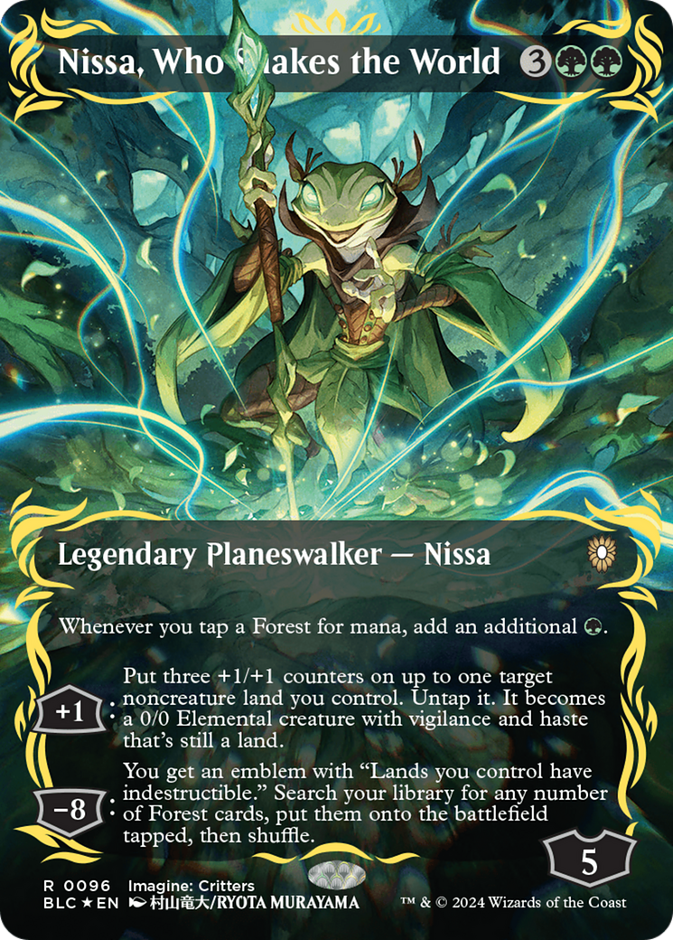 Nissa, Who Shakes the World (Borderless) (Raised Foil) [Bloomburrow Commander] MTG Single Magic: The Gathering | Red Claw Gaming