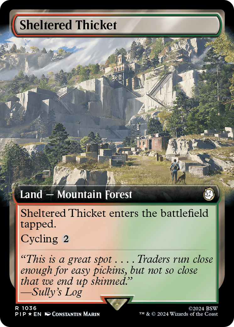 Sheltered Thicket (Extended Art) (Surge Foil) [Fallout] MTG Single Magic: The Gathering | Red Claw Gaming