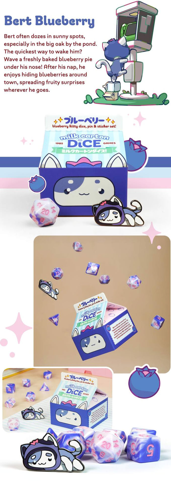Fruit Meadows Milk Cartons: Kawaii Cat Dice Set - Blueberry Dice 1985 Games | Red Claw Gaming
