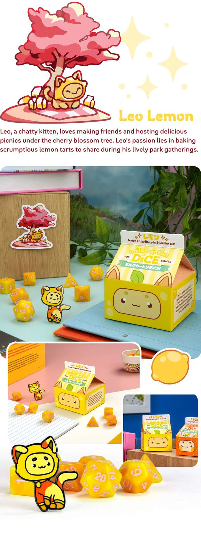 Fruit Meadows Milk Cartons: Kawaii Cat Dice Set - Lemon Dice 1985 Games | Red Claw Gaming