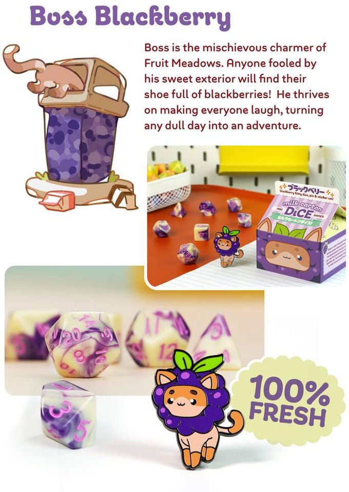 Fruit Meadows Milk Cartons: Kawaii Cat Dice Set - Blackberry Dice 1985 Games | Red Claw Gaming