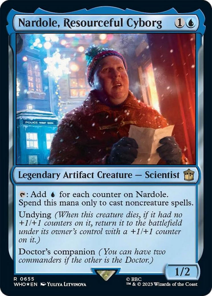 Nardole, Resourceful Cyborg (Surge Foil) [Doctor Who] MTG Single Magic: The Gathering | Red Claw Gaming