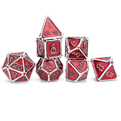 Bone Collector Solid Metal Dice Set - Silver with Red Enamel Dice Hymgho Dice | Red Claw Gaming