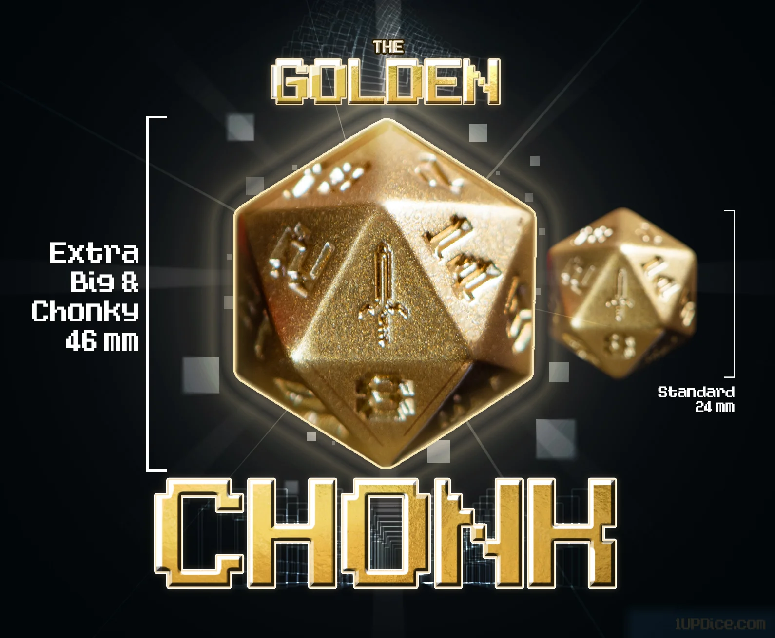 1UP-DICE GOLDEN CHONK MYTHICAL SWORD D20 Dice Universal DIstribution | Red Claw Gaming