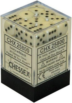 Opaque Ivory/Black 36 12mm D6 Dice Chessex | Red Claw Gaming