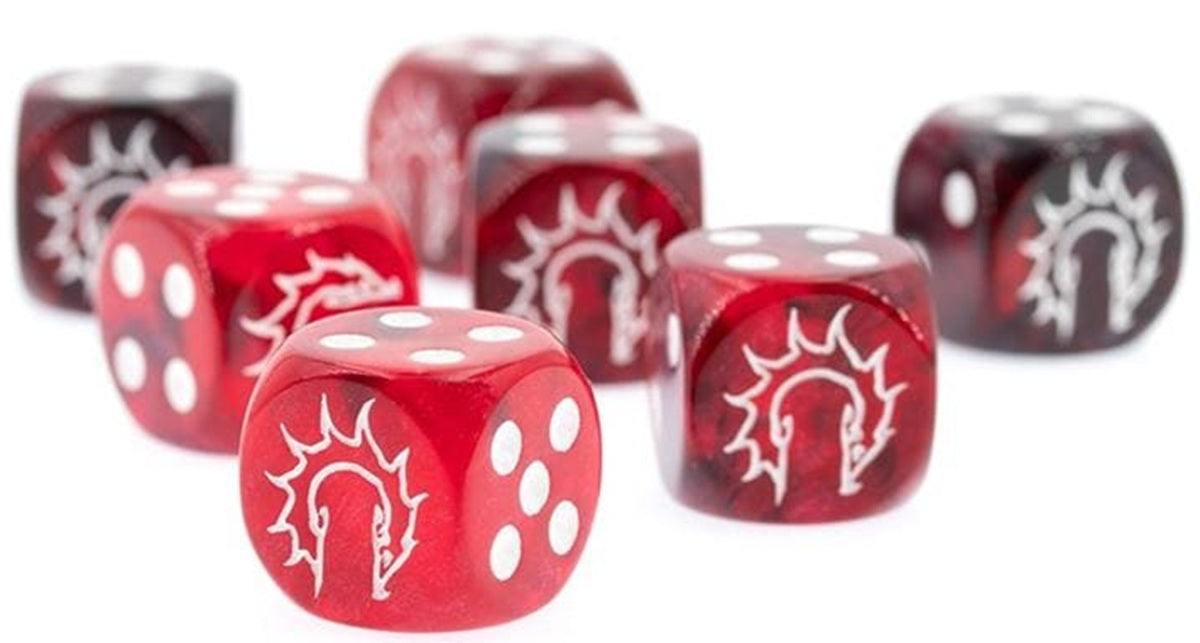 CONQUEST: FIRST BLOOD LOGO ON DARK RED/BLACK MARBLED DICE 24CT Miniatures Universal DIstribution | Red Claw Gaming