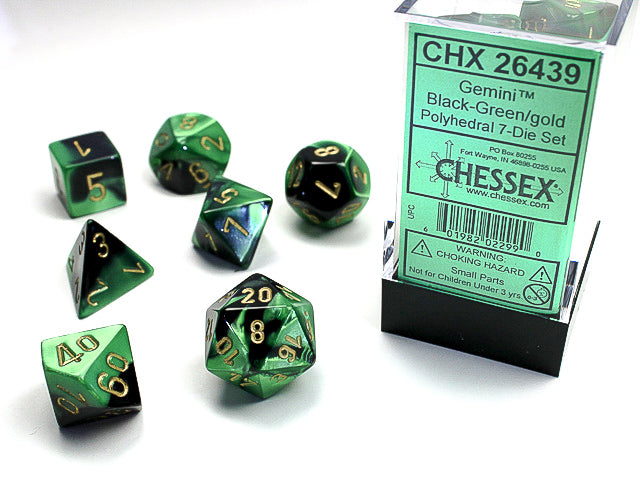 GEMINI 7-DIE SET BLACK-GREEN/GOLD Dice Chessex | Red Claw Gaming