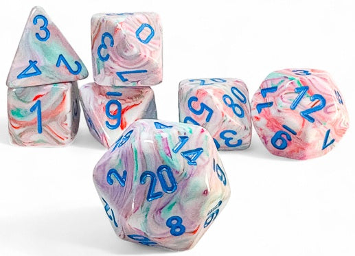 FESTIVE 7-DIE SET MEGA-HEDRAL POP ART/BLUE Dice Chessex | Red Claw Gaming