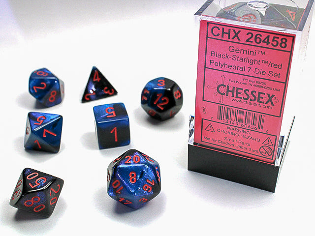 GEMINI 7-DIE SET BLACK-STARLIGHT/RED Dice Chessex | Red Claw Gaming