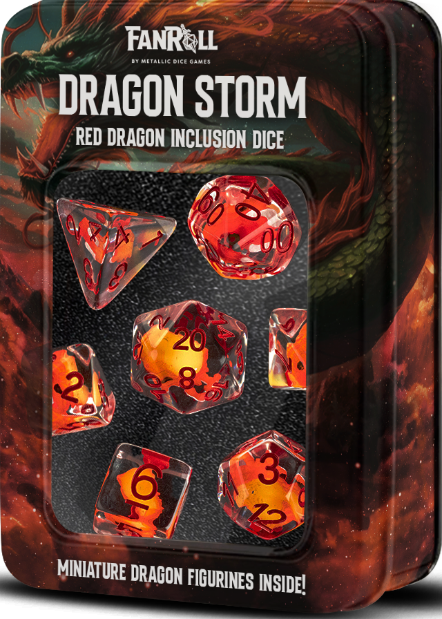 RESIN 7 DICE SET DRAGON STORM RED DRAGON INCLUSION Dice FanRoll Dice | Red Claw Gaming